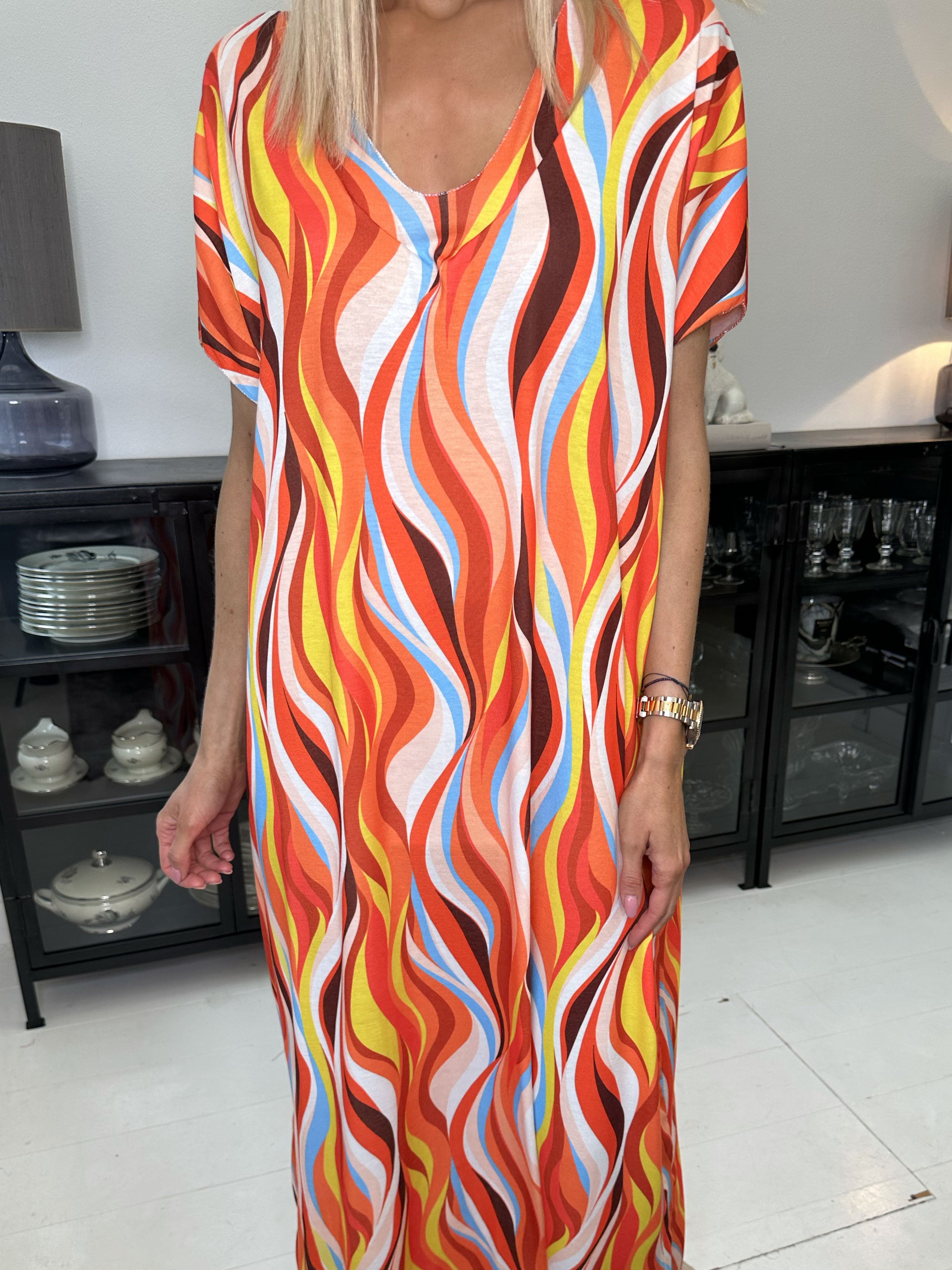 Kirsa long - Flerfarvet lang kjole i blødt stof